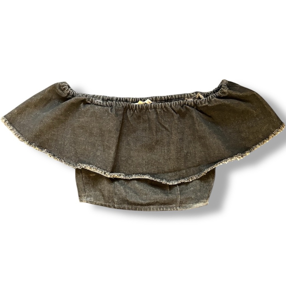 Y2K American Eagle Black Grey Denim Off The Shoulder Smocked Crop Top